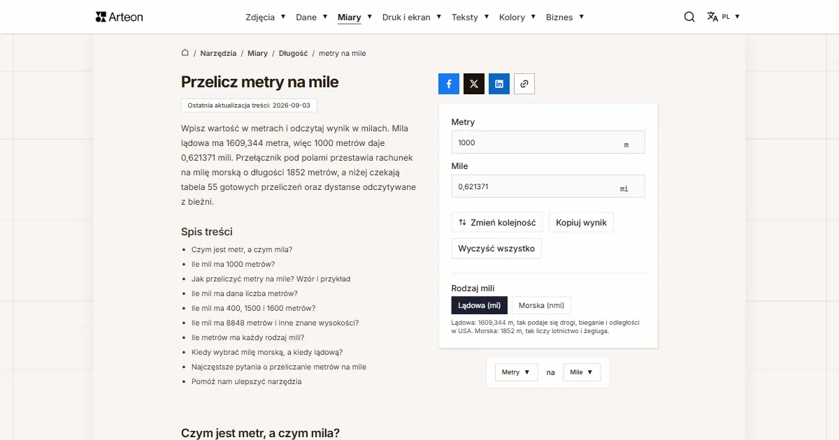 Zrzut ekranu darmowego narzędzia Arteon: Przelicz metry na mile