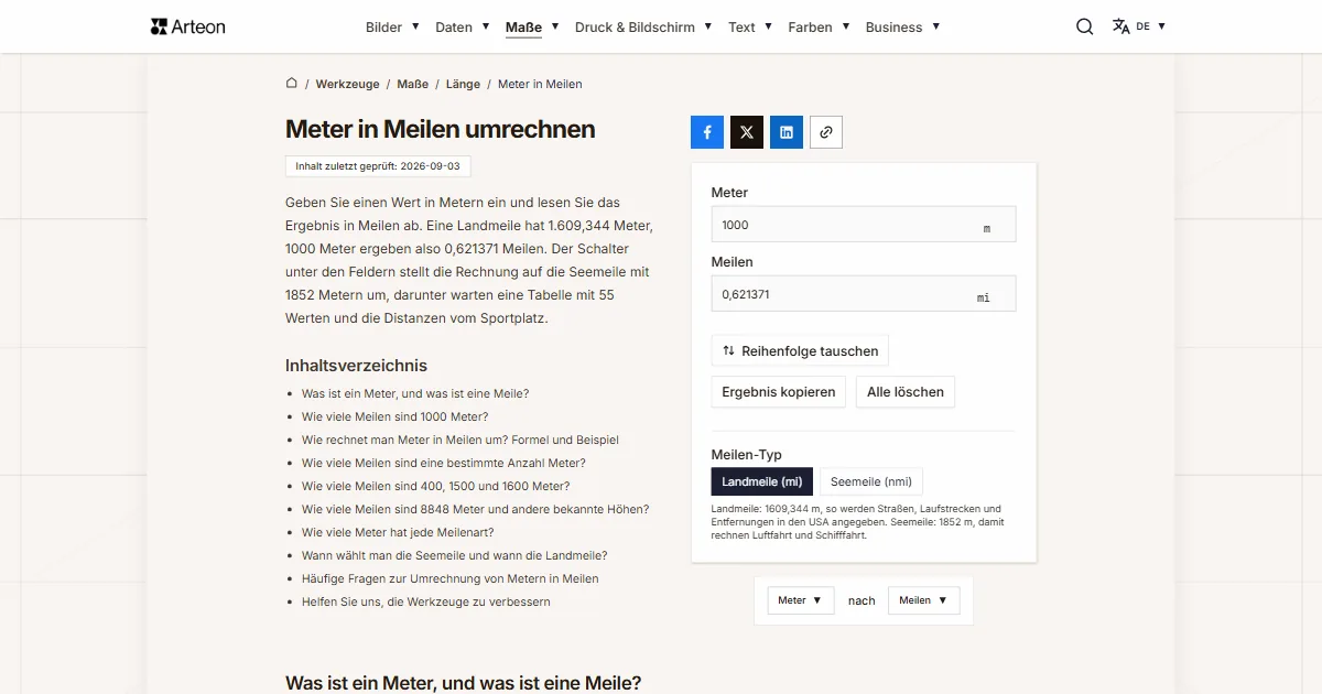 Screenshot des kostenlosen Arteon-Werkzeugs: Meter in Meilen umrechnen