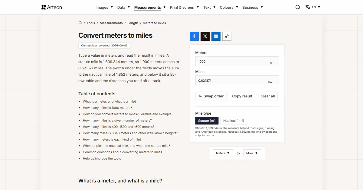 Arteon free tool screenshot: Convert meters to miles
