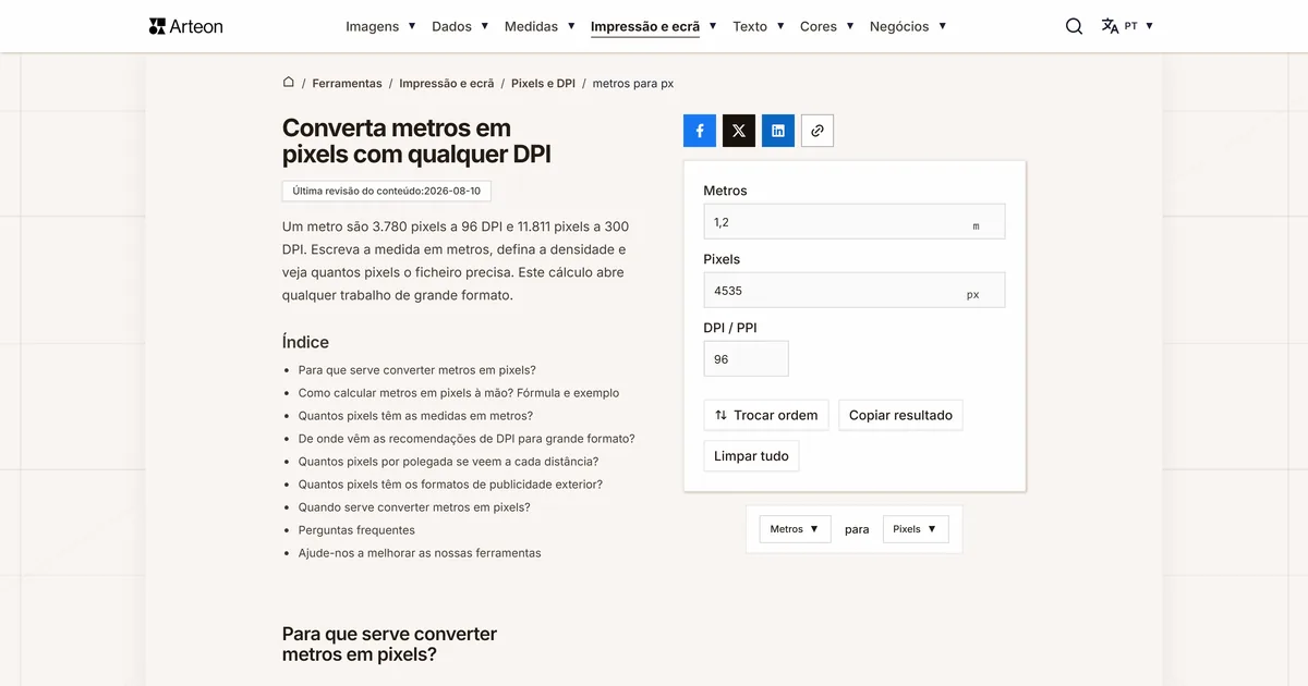 Captura de ecrã da ferramenta gratuita da Arteon: Converta metros em pixels com qualquer DPI
