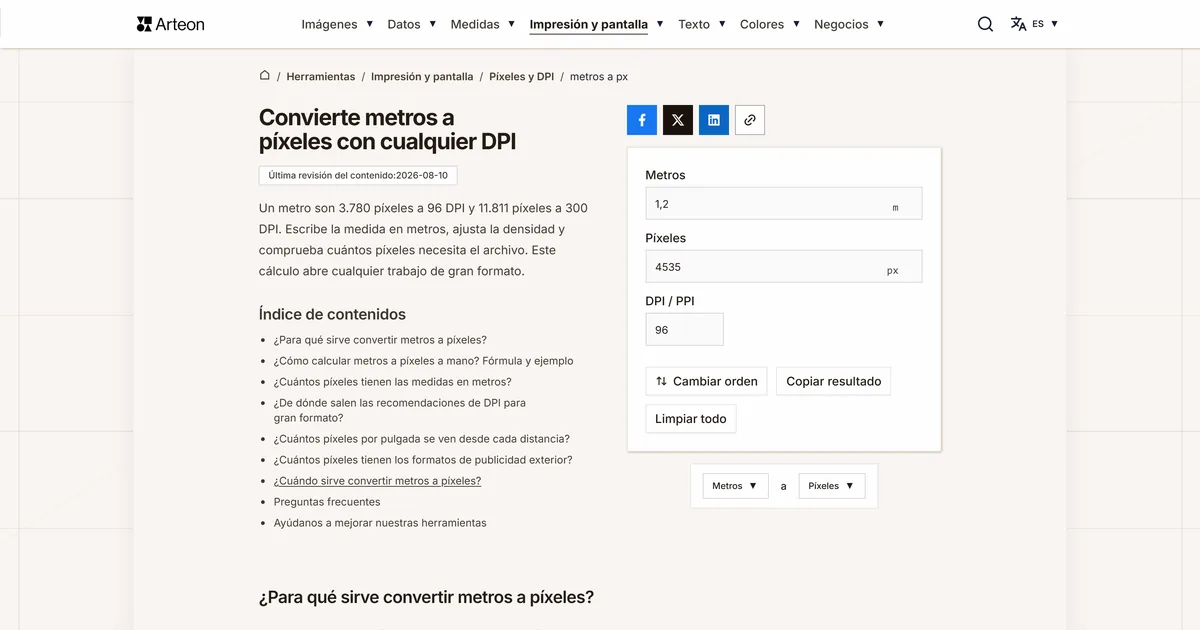 Captura de pantalla de la herramienta gratuita de Arteon: Convierte metros a píxeles con cualquier DPI