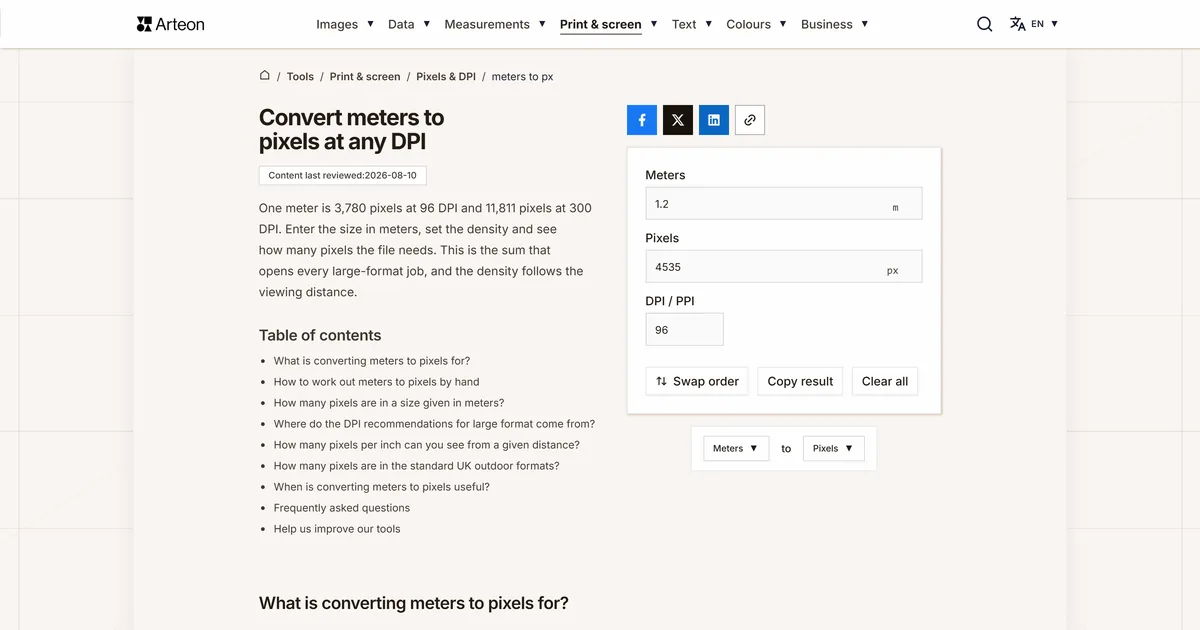 Arteon free tool screenshot: Convert meters to pixels at any DPI