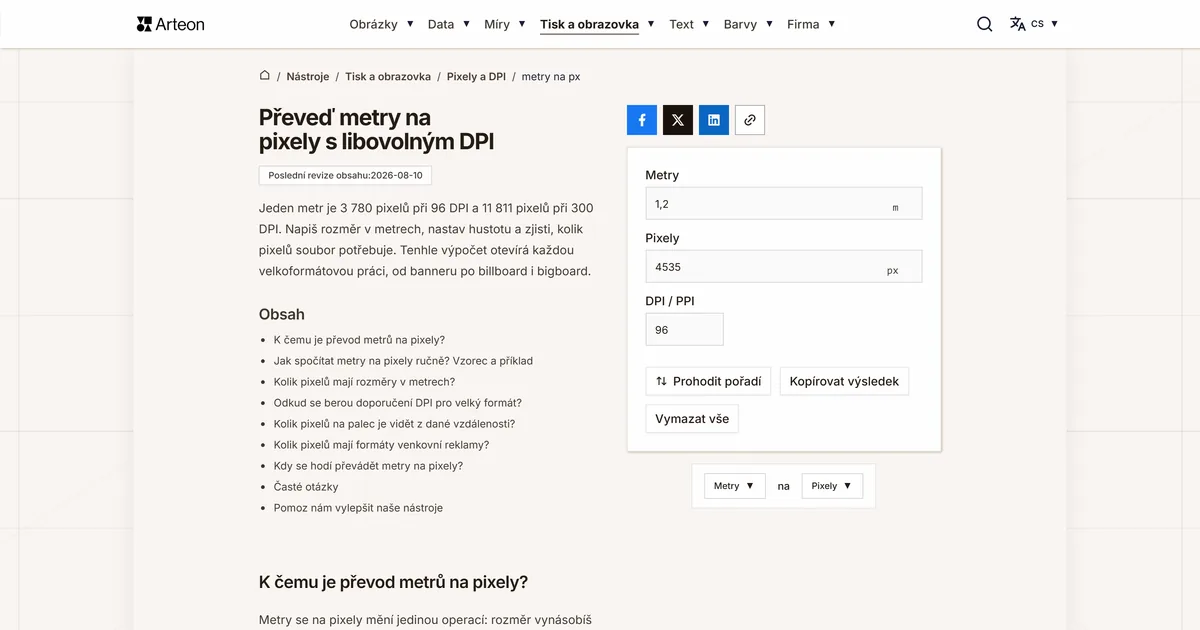 Snímek obrazovky bezplatného nástroje Arteon: Převeď metry na pixely s libovolným DPI
