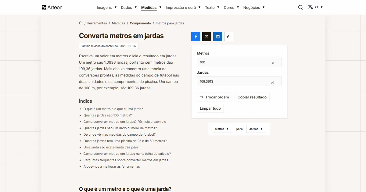 Captura de ecrã da ferramenta gratuita da Arteon: Converta metros em jardas