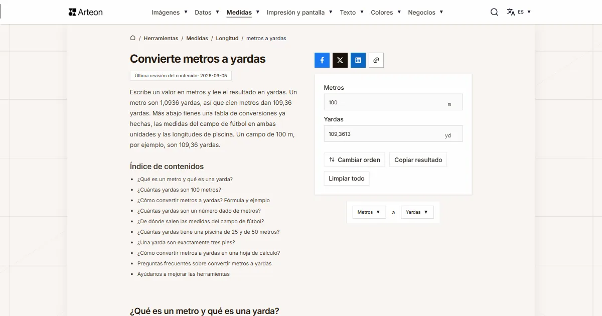 Captura de pantalla de la herramienta gratuita de Arteon: Convierte metros a yardas