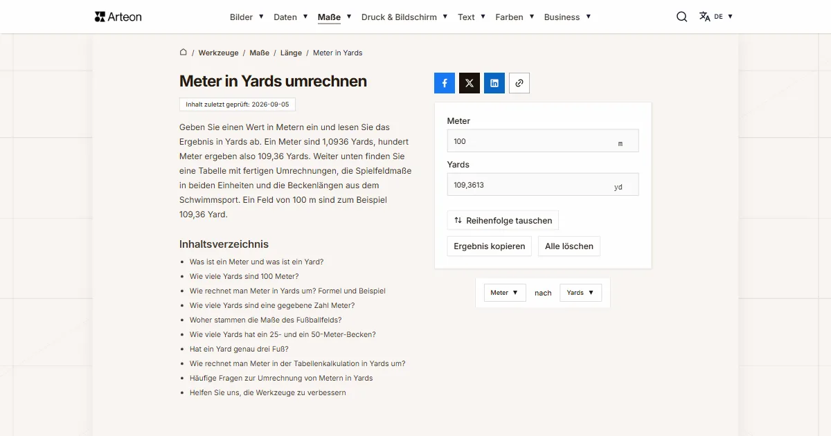 Screenshot des kostenlosen Arteon-Werkzeugs: Meter in Yards umrechnen