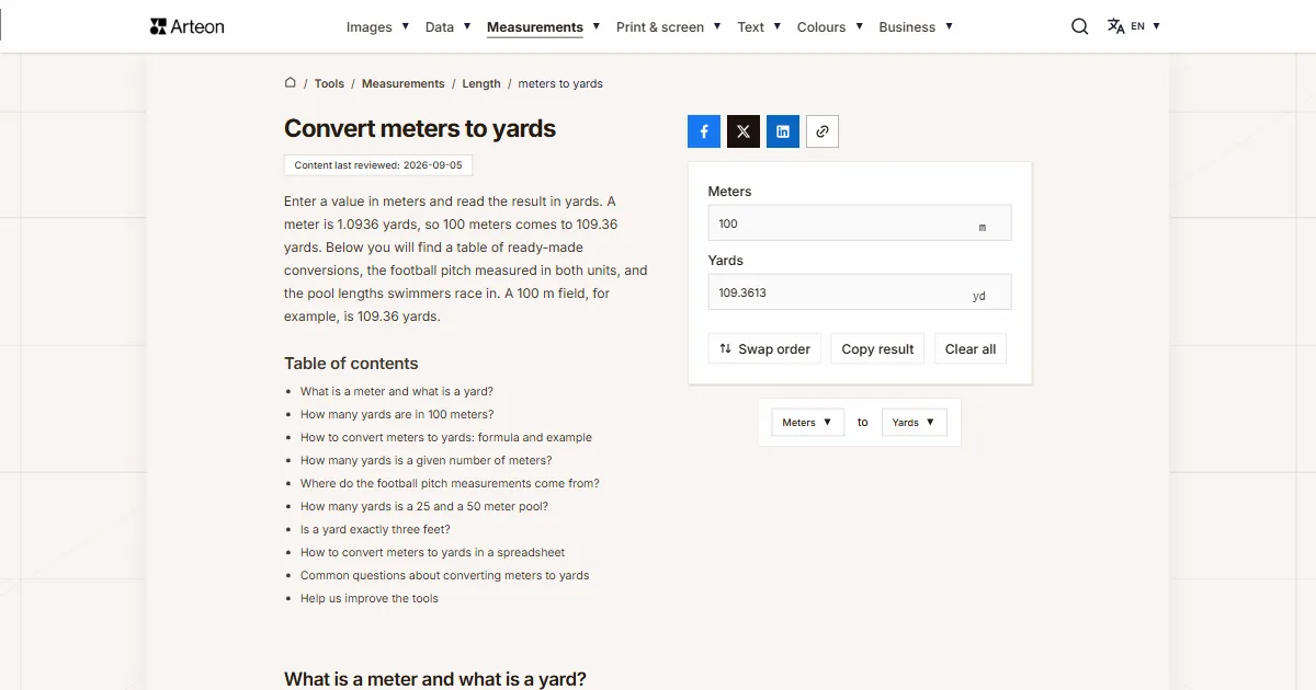 Arteon free tool screenshot: Convert meters to yards