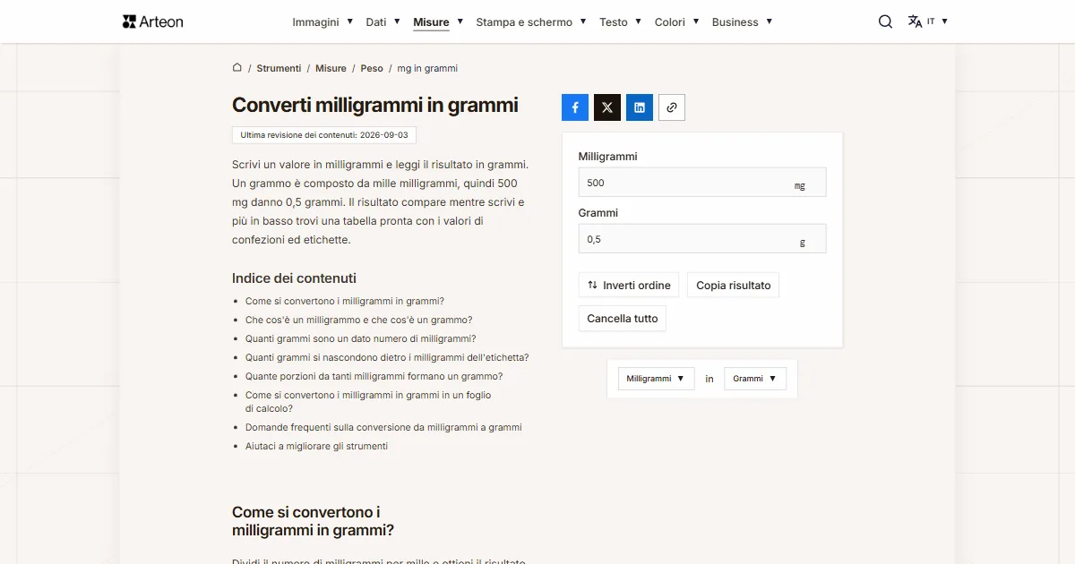 Screenshot dello strumento gratuito Arteon: Converti milligrammi in grammi