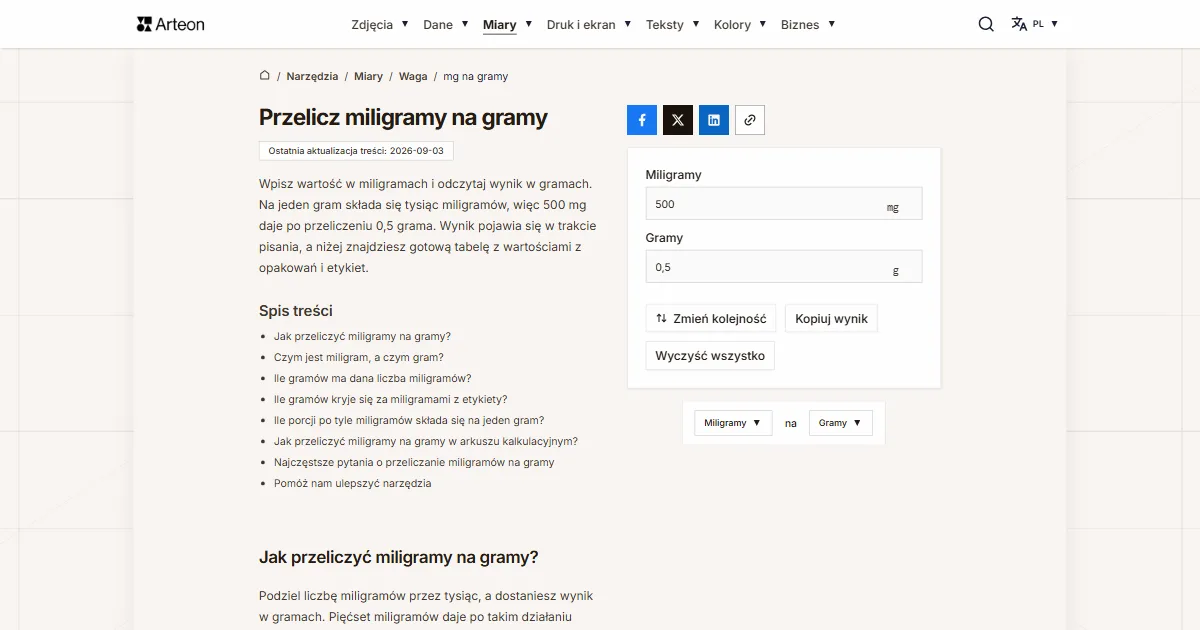 Zrzut ekranu darmowego narzędzia Arteon: Przelicz miligramy na gramy