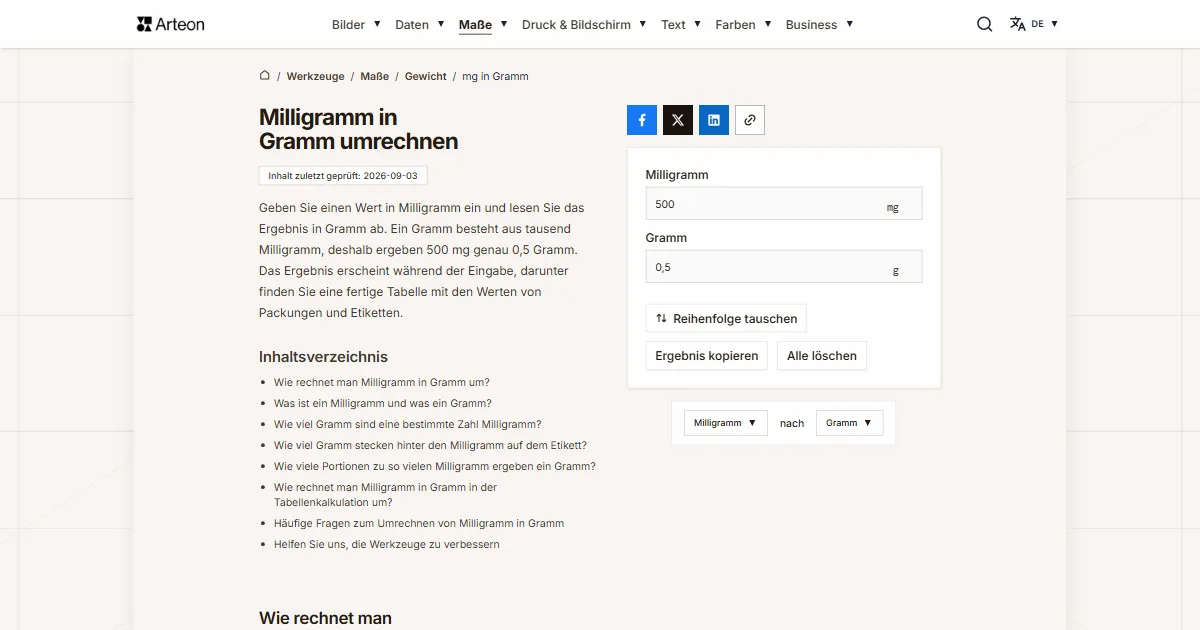 Screenshot des kostenlosen Arteon-Werkzeugs: Milligramm in Gramm umrechnen