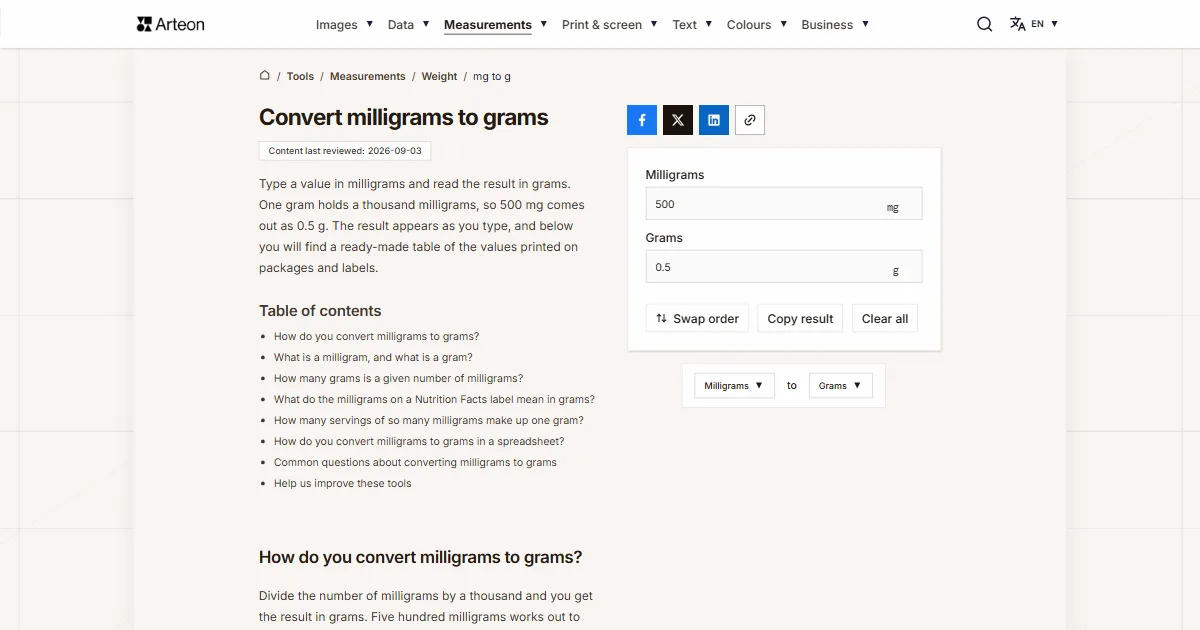 Arteon free tool screenshot: Convert milligrams to grams