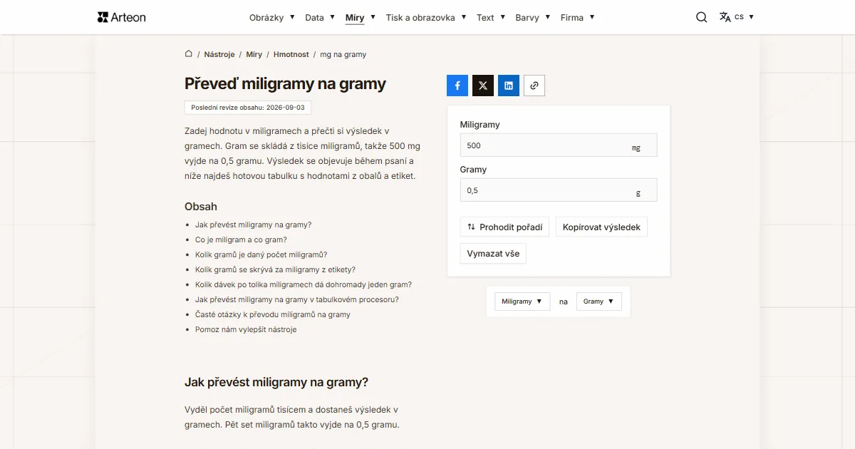 Snímek obrazovky bezplatného nástroje Arteon: Převeď miligramy na gramy