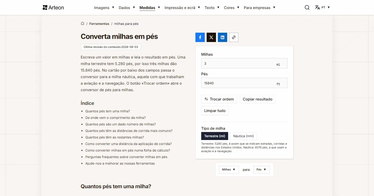Captura de ecrã da ferramenta gratuita da Arteon: Converta milhas em pés