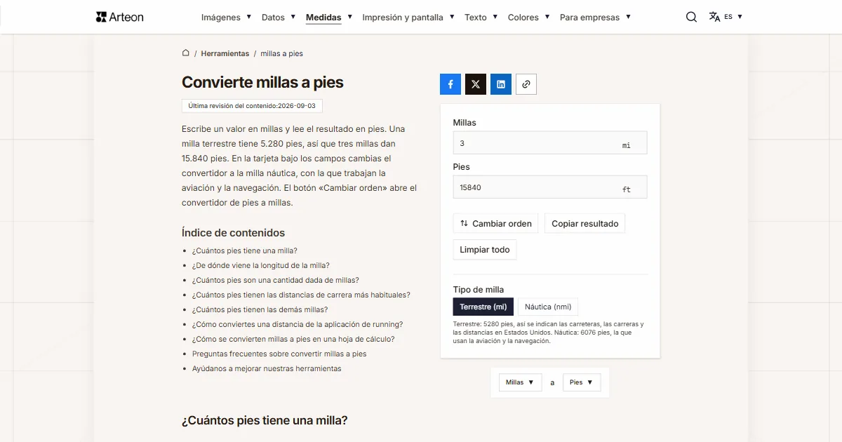 Captura de pantalla de la herramienta gratuita de Arteon: Convierte millas a pies