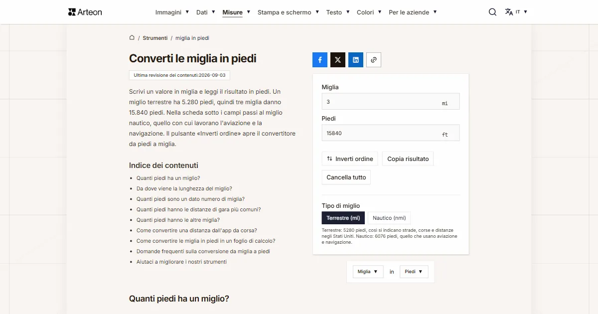 Screenshot dello strumento gratuito Arteon: Converti le miglia in piedi