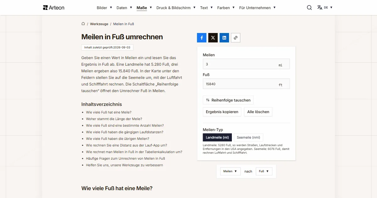 Screenshot des kostenlosen Arteon-Werkzeugs: Meilen in Fuß umrechnen