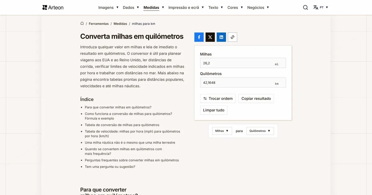 Captura de ecrã da ferramenta gratuita da Arteon: Converta milhas em quilómetros