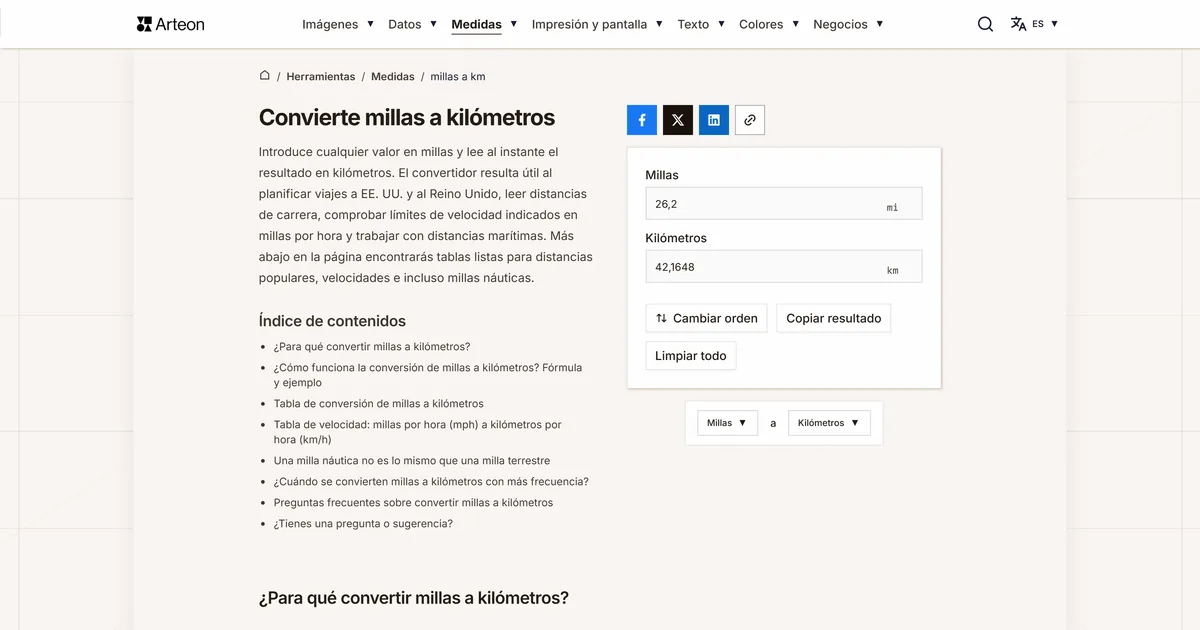 Captura de pantalla de la herramienta gratuita de Arteon: Convierte millas a kilómetros
