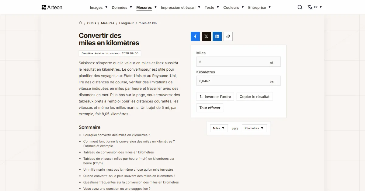Capture d'écran de l'outil gratuit d'Arteon: Convertir des miles en kilomètres