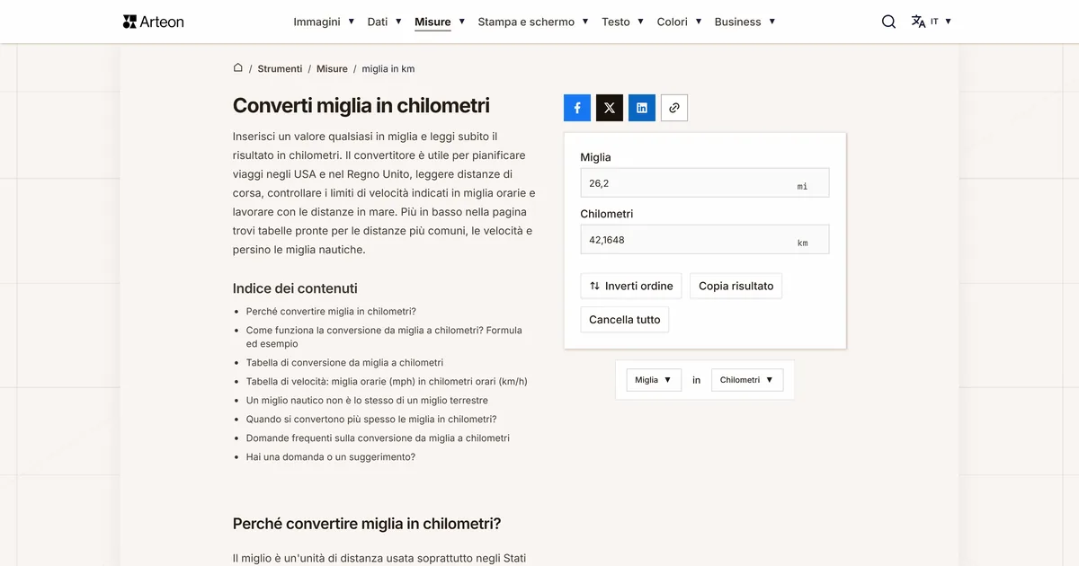 Screenshot dello strumento gratuito Arteon: Converti miglia in chilometri