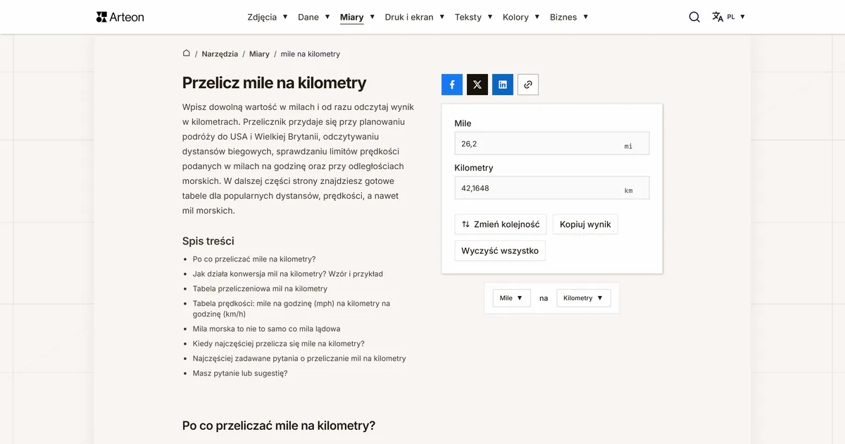 Zrzut ekranu darmowego narzędzia Arteon: Przelicz mile na kilometry