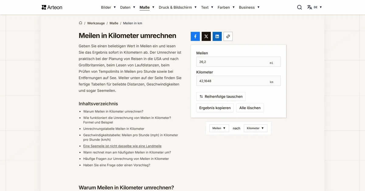Screenshot des kostenlosen Arteon-Werkzeugs: Meilen in Kilometer umrechnen