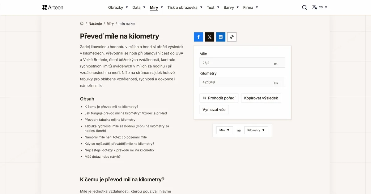 Snímek obrazovky bezplatného nástroje Arteon: Převeď míle na kilometry