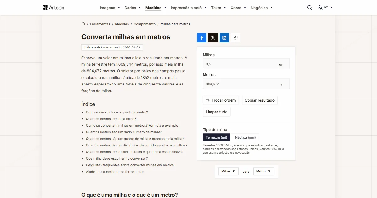 Captura de ecrã da ferramenta gratuita da Arteon: Converta milhas em metros