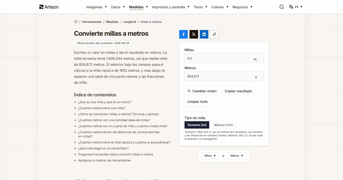 Captura de pantalla de la herramienta gratuita de Arteon: Convierte millas a metros