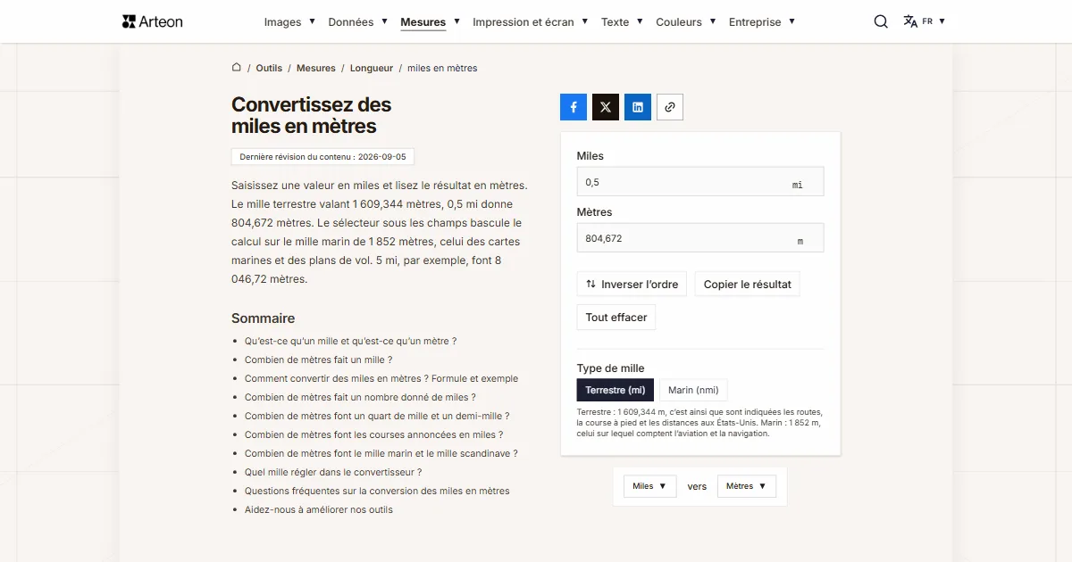 Capture d'écran de l'outil gratuit d'Arteon: Convertissez des miles en mètres