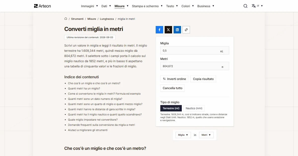 Screenshot dello strumento gratuito Arteon: Converti miglia in metri