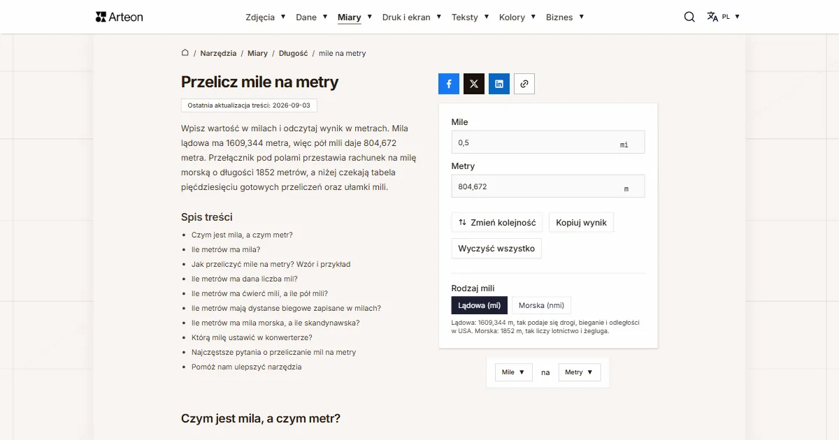 Zrzut ekranu darmowego narzędzia Arteon: Przelicz mile na metry