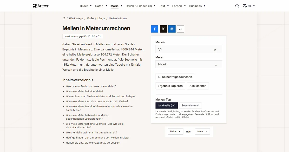 Screenshot des kostenlosen Arteon-Werkzeugs: Meilen in Meter umrechnen