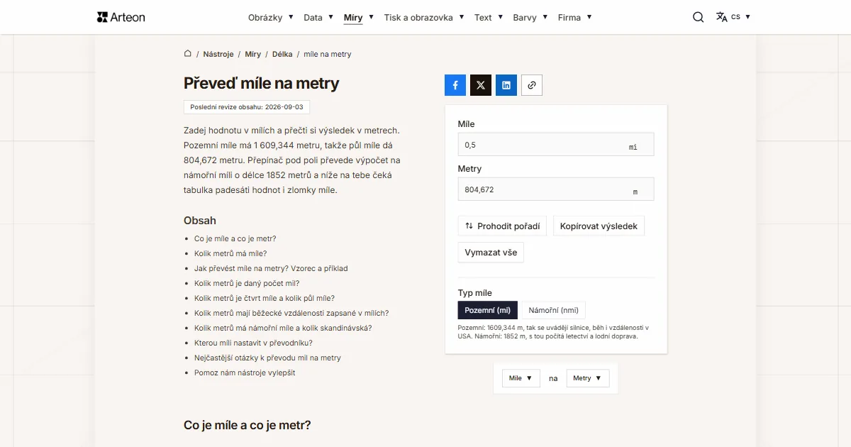 Snímek obrazovky bezplatného nástroje Arteon: Převeď míle na metry
