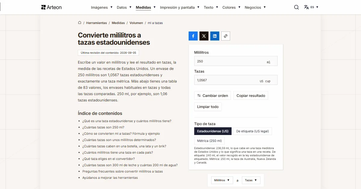 Captura de pantalla de la herramienta gratuita de Arteon: Convierte mililitros a tazas estadounidenses