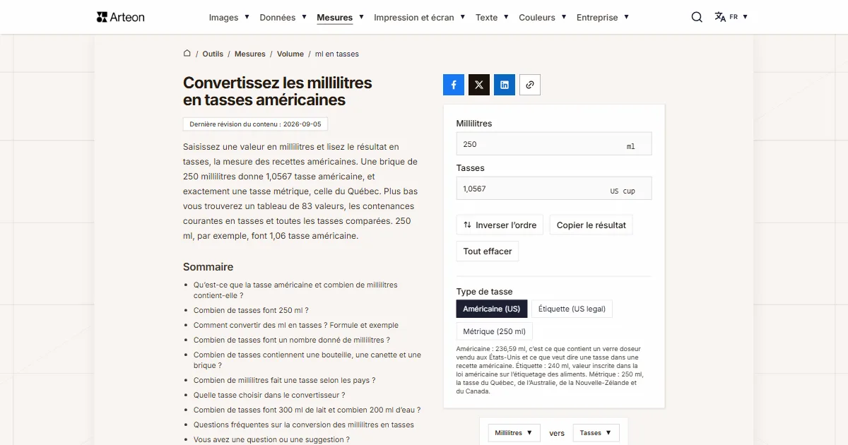 Capture d'écran de l'outil gratuit d'Arteon: Convertissez les millilitres en tasses américaines