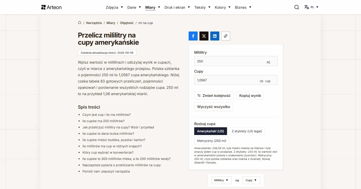 Zrzut ekranu darmowego narzędzia Arteon: Przelicz mililitry na cupy amerykańskie