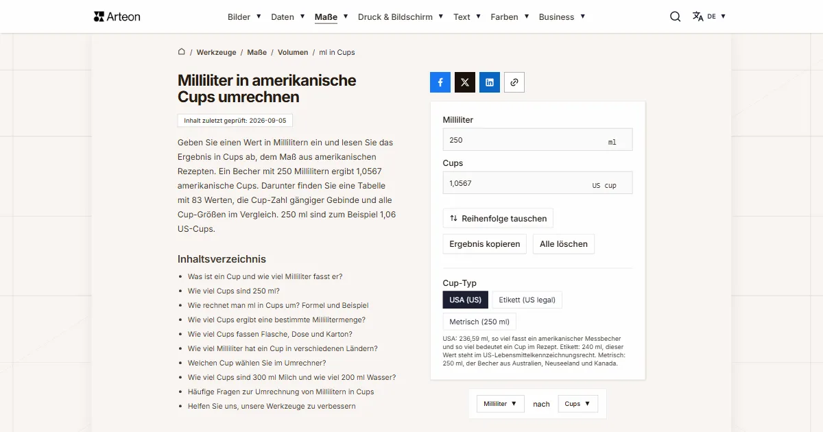 Screenshot des kostenlosen Arteon-Werkzeugs: Milliliter in amerikanische Cups umrechnen