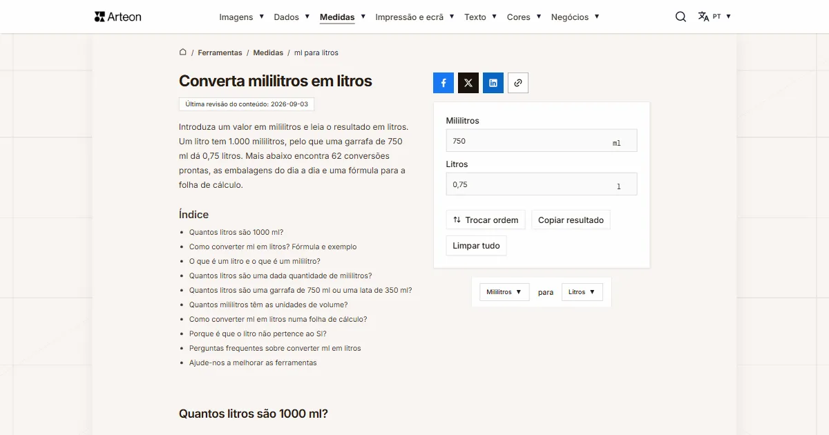 Captura de ecrã da ferramenta gratuita da Arteon: Converta mililitros em litros