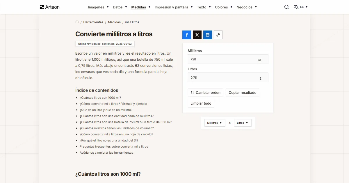 Captura de pantalla de la herramienta gratuita de Arteon: Convierte mililitros a litros