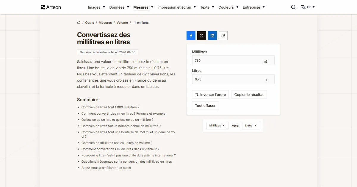 Capture d'écran de l'outil gratuit d'Arteon: Convertissez des millilitres en litres