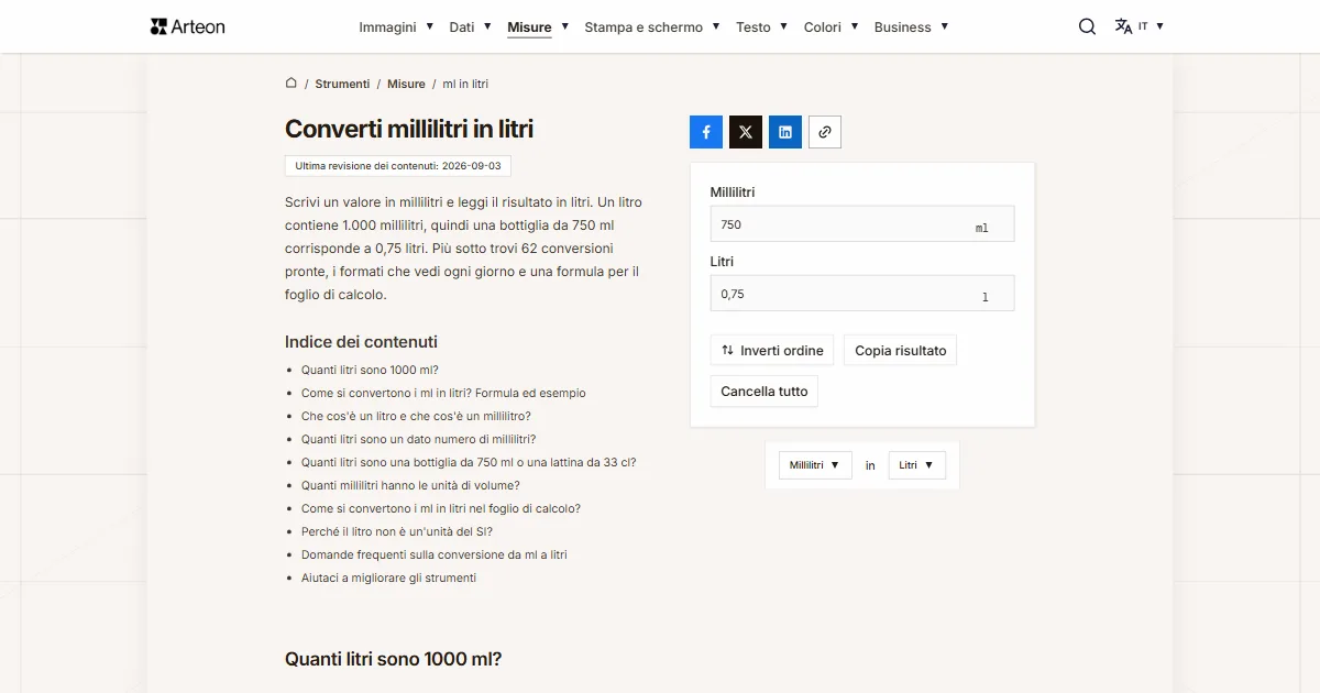 Screenshot dello strumento gratuito Arteon: Converti millilitri in litri