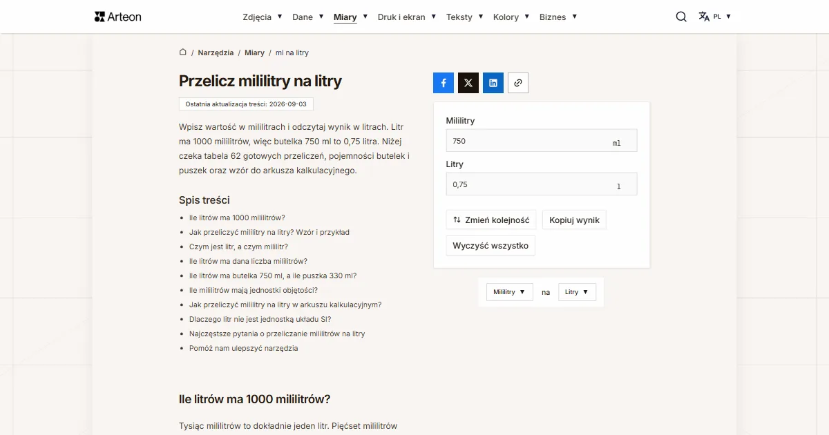 Zrzut ekranu darmowego narzędzia Arteon: Przelicz mililitry na litry