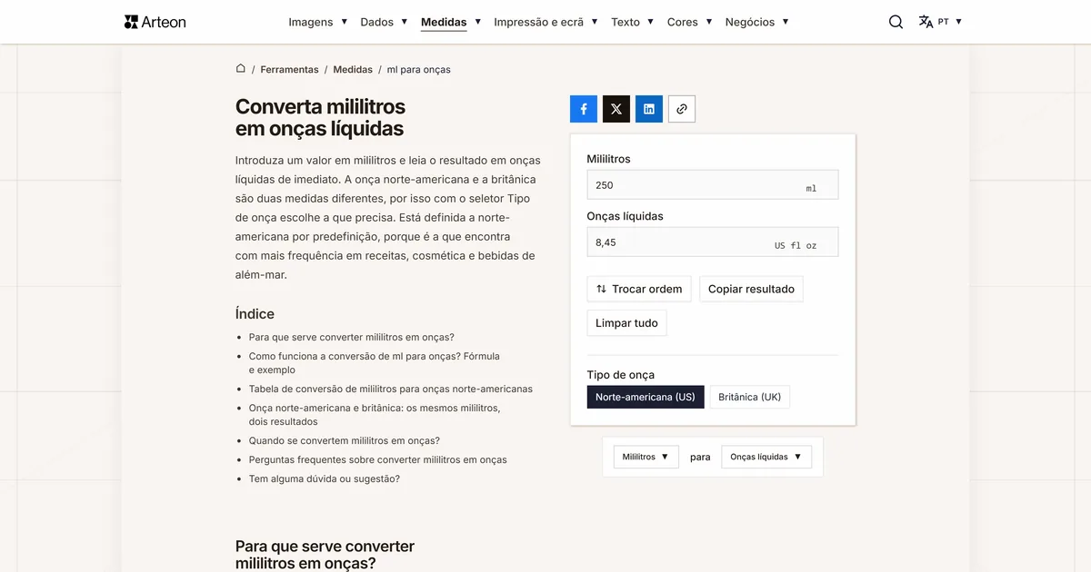 Captura de ecrã da ferramenta gratuita da Arteon: Converta mililitros em onças líquidas