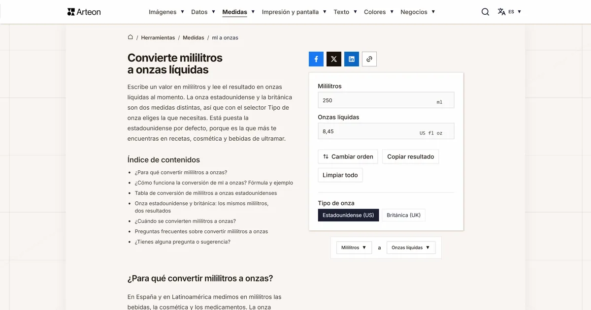 Captura de pantalla de la herramienta gratuita de Arteon: Convierte mililitros a onzas líquidas