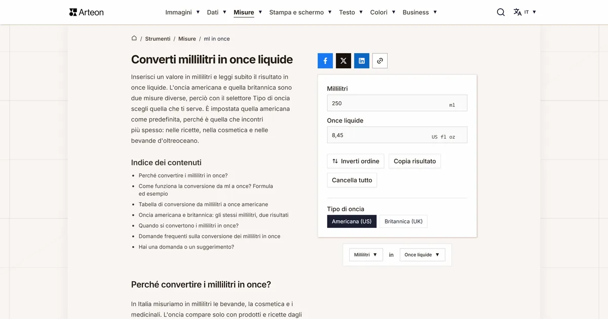 Screenshot dello strumento gratuito Arteon: Converti millilitri in once liquide