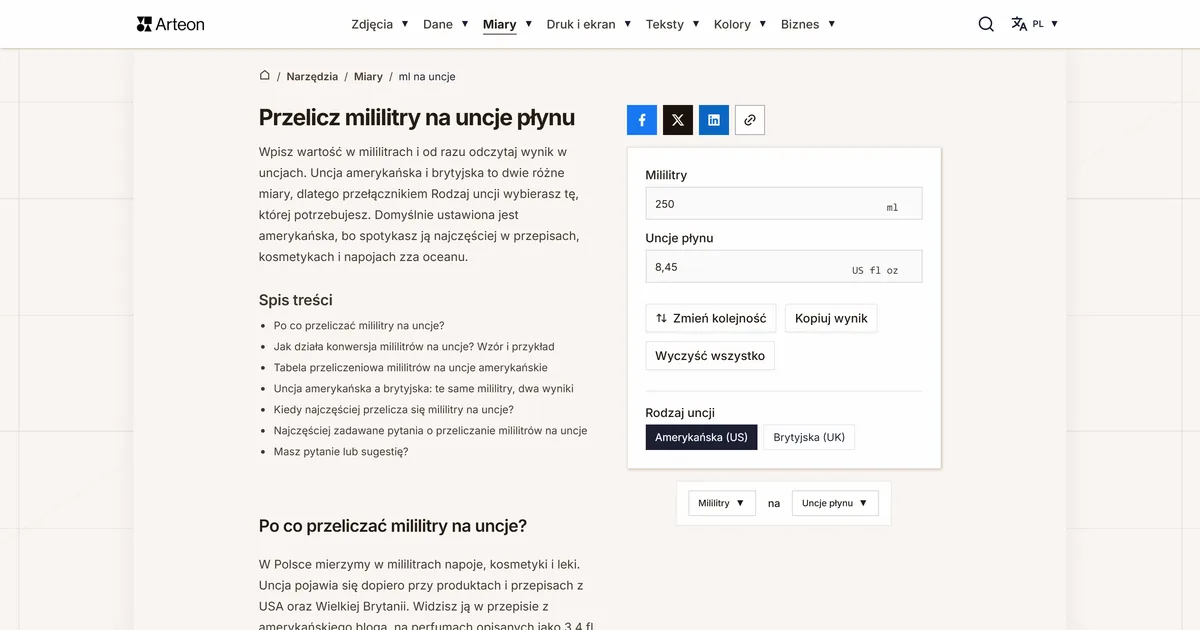 Zrzut ekranu darmowego narzędzia Arteon: Przelicz mililitry na uncje płynu