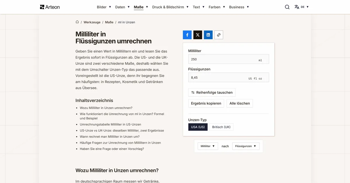 Screenshot des kostenlosen Arteon-Werkzeugs: Milliliter in Flüssigunzen umrechnen