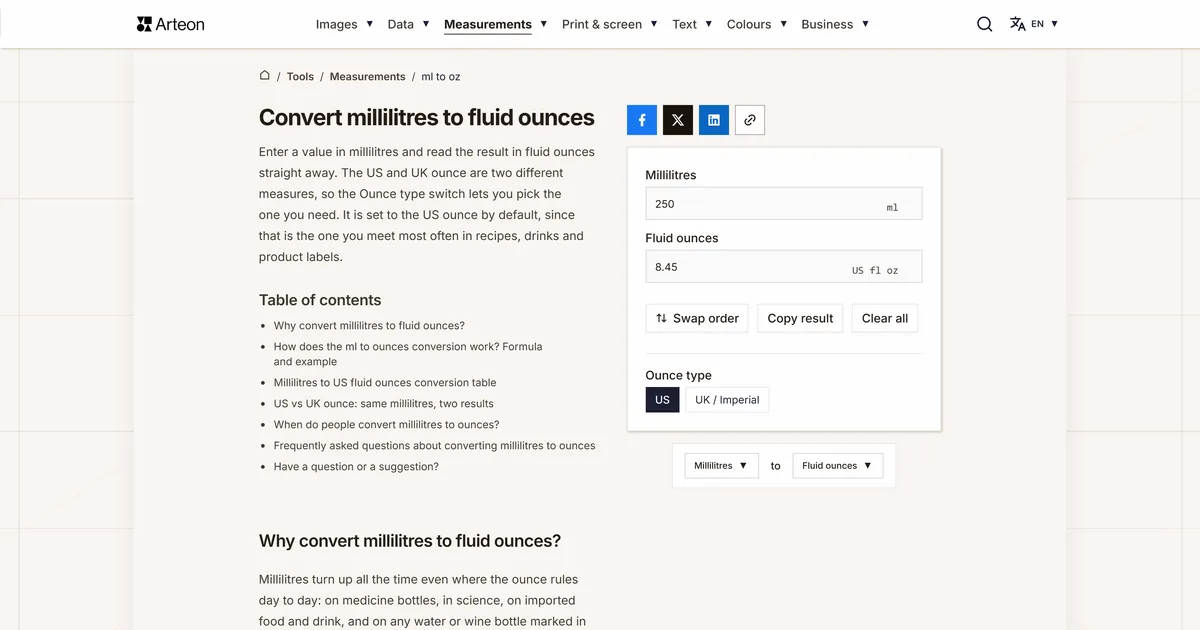 Arteon free tool screenshot: Convert millilitres to fluid ounces