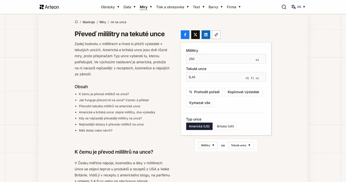 Snímek obrazovky bezplatného nástroje Arteon: Převeď mililitry na tekuté unce